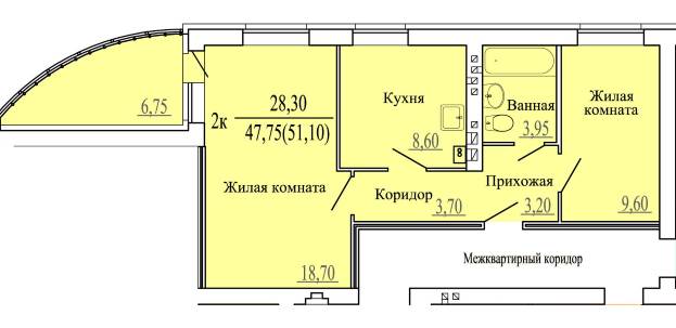 Планировка двух комнатной квартиры литер 15.3 47.75